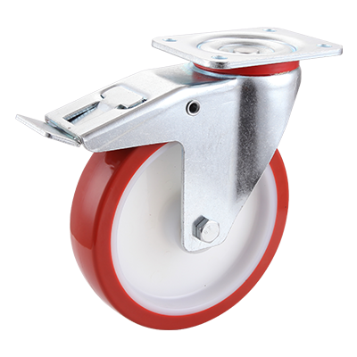 Coldene - Polyurethane Tyre Nylon Core Plate Swivel Braked Castor with Ball Bearings Bore - CDSTPBXXXPU-BB - Main Image