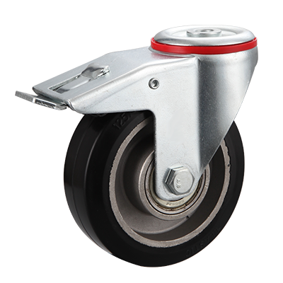 Coldene - Black Elastic Wheel Pressed Steel Bolt Hole Braked Swivel Castor - CDBHBXXXEA - Main Image