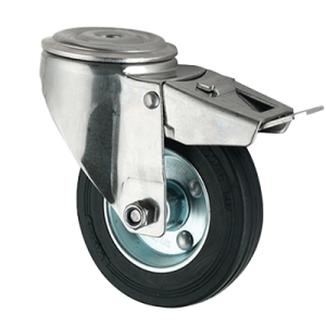 Coldene - Black Rubber Tyre Steel Core Pressed Steel Bolt Hole Braked Castor - CDBHBXXXPS - Main Image