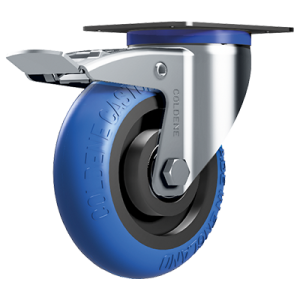 Coldene - EZRoll Blue Ergonomic Polyurethane Tyre Cast Iron Core Swivel Plate Braked Castor - CDSTPBXXXCIP-ERGO75 - Main Image