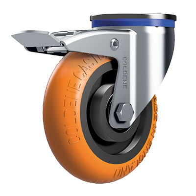 Coldene - EZRoll Orange Ergonomic Polyurethane Tyre Cast Iron Core Bolt Hole Braked Swivel Castor - CDBHBXXCIP-ERGO92 - Main Image