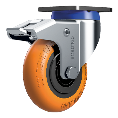 Coldene - EZRoll Orange Ergonomic Polyurethane Tyre Cast Iron Core Medium Duty Swivel Plate Braked Castor - CDSTPBXXXCIP-ERGO92-LVV - Main Image
