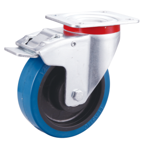 Blue Elastic Rubber Tyre Nylon Core Swivel Braked Castor