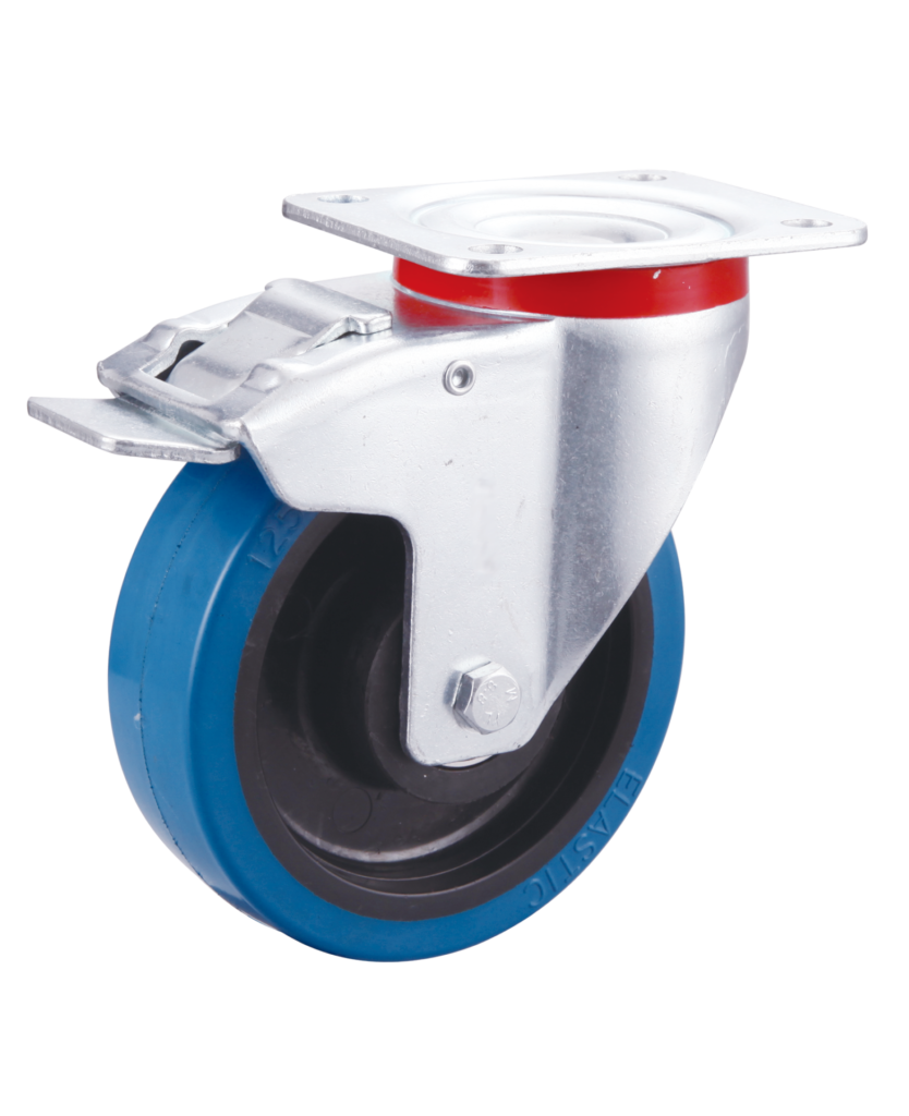 Blue Elastic Rubber Tyre Nylon Core Swivel Braked Castor