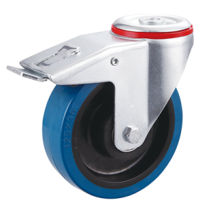 Coldene-Blue-Elastic-Tyre-Nylon-Core-Pressed-Steel-Bolt-Hole-Braked-Castor-CDBHBXXXBER-Main-Image
