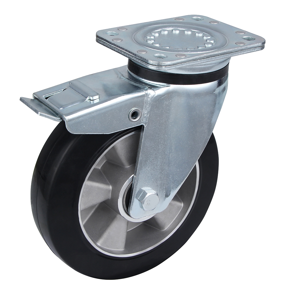 Heavy Duty Black Elastic Tyre, Aluminium Core Swivel Braked Castor