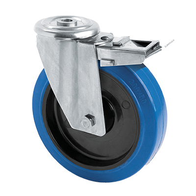 Coldene-Blue-Elastic-Tyre-Black-Nylon-Core-Stainless-Steel-Bolt-Hole-Braked-Swivel-Castor-CDBHBSSXXXBER-Main-Image-1