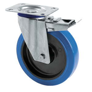 Coldene - Blue Elastic Tyre Black Nylon Core Stainless Steel Braked Swivel Plate Castor - CDSTPBSSXXXBER - Main Image