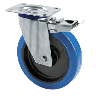 Coldene - Blue Elastic Tyre Black Nylon Core Stainless Steel Braked Swivel Plate Castor - CDSTPBSSXXXBER - Main Image