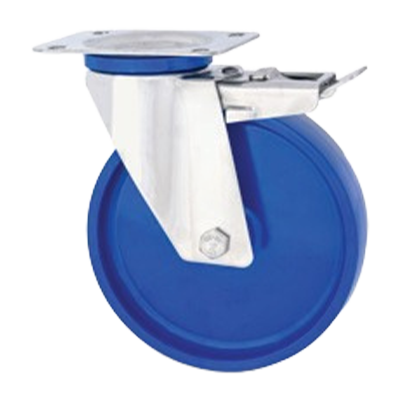 Coldene - Blue Solid Nylon Wheel Swivel Plate Braked Stainless Steel Castor with Plain Bore - CDSTPBSSXXXNY-B - Main Image