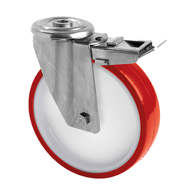 Coldene-Polyurethane-Tyre-Nylon-Core-Stainless-Steel-Bolt-Hole-Braked-Swivel-Castor-CDBHBSS100PU-Main-Image