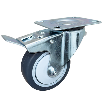 Grey Non Marking Rubber Tyre Plastic Core Pressed Steel Swivel Plate Braked Castor - CDISTPBXXXTPR - Main Image