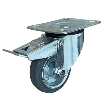 Grey Rubber Tyre Steel Core Pressed Steel Swivel Plate Braked Castor - CDSTPBXXXGRTSC - Main Image