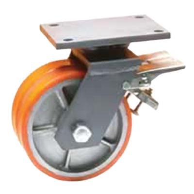 Coldene - Extra Heavy Duty Dual Wheel Fabricated Castor Swivel Plate Braked Polyurethane Tyre Cast Iron Core - CDFABSTPBXXXCIPX - Product Main Image