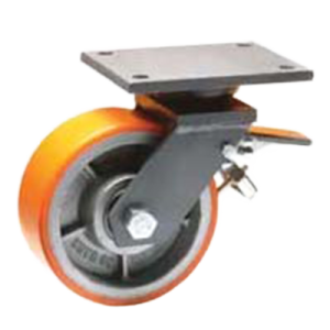 Coldene - Extra Heavy Duty Fabricated Single Wheel Castor Swivel Plate Braked Polyurethane Tyre Cast Iron Core - CDFABSTPBXXXCIPX - Product Main Image