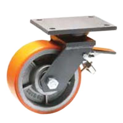 Coldene - Extra Heavy Duty Fabricated Single Wheel Castor Swivel Plate Braked Polyurethane Tyre Cast Iron Core - CDFABSTPBXXXCIPX - Product Main Image