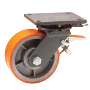 Coldene - Extra Heavy Duty Fabricated Single Wheel Castor Swivel Plate Braked and Direction Braked Polyurethane Tyre Cast Iron Core - CDFABSTPBDXXXCIPX - Product Main Image