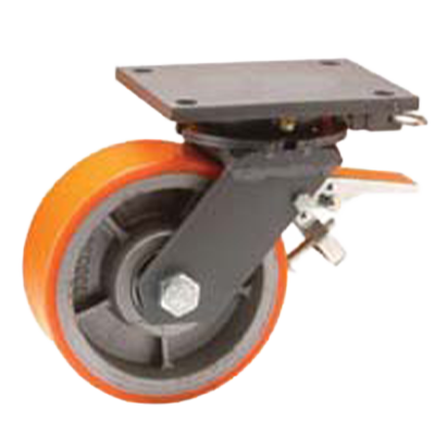 Coldene - Extra Heavy Duty Fabricated Single Wheel Castor Swivel Plate Braked and Direction Braked Polyurethane Tyre Cast Iron Core - CDFABSTPBDXXXCIPX - Product Main Image