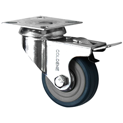 Coldene - Grey Rubber Tyre Plastic Core Pressed Steel Swivel Plate Braked Castor - CDETPBXXX - Main Image