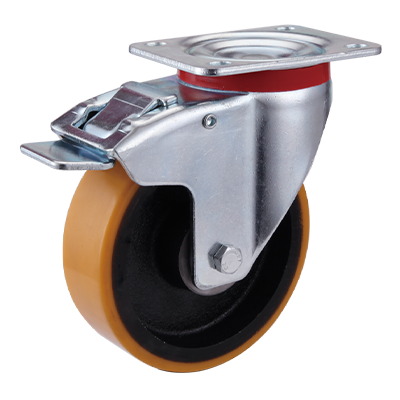 Coldene - Polyurethane Tyre Cast Iron Core Swivel Plate Braked Castor - CDSTPBXXXCIP - Main Image