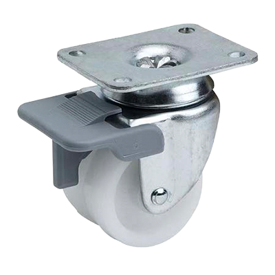 Dual solid white nylon wheel swivel castor with pressed steel plate and brake – heavy-duty braked castor CDTWSTPXXNY for cold storage, trolleys, and commercial use