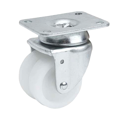 Dual solid white nylon wheel swivel castor with pressed steel plate – light-duty castor CDTWSTPXXNY for cold storage, trolleys, and commercial use