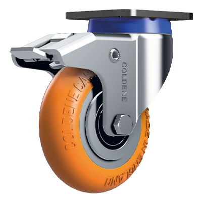 Coldene - Medium Duty Ergonomic Castor Swivel Braked Orange Polyurethane Tyre Aluminium Core - CDSTPBXXAP-ERGO-LV - Product Main Image