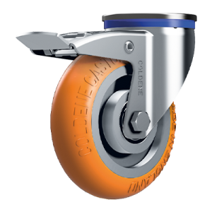 Coldene - Standard Duty Ergonomic Castor Bolt Hole Braked Orange Polyurethane Tyre Aluminium Core - CDBHBXXAP-ERGO - Product Main Image