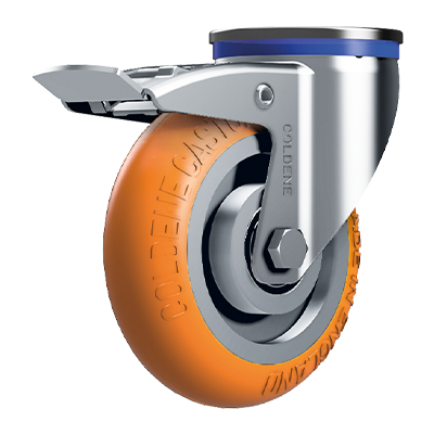 Coldene - Standard Duty Ergonomic Castor Bolt Hole Braked Orange Polyurethane Tyre Aluminium Core - CDBHBXXAP-ERGO - Product Main Image
